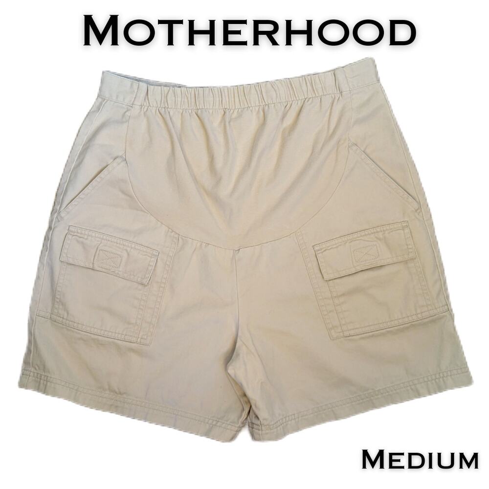 Motherhood Maternity Cargo Shorts Medium Tan Cotton Chino High Rise Elastic